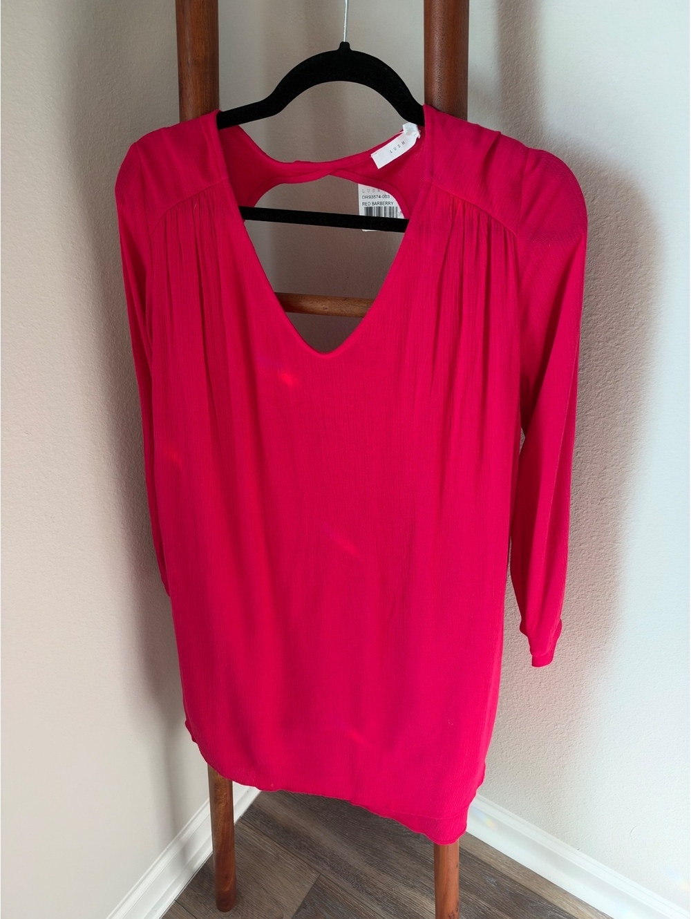 Lush Red Barberry Medium V-Neck Long Sleeve Dress with Pleated Shoulders